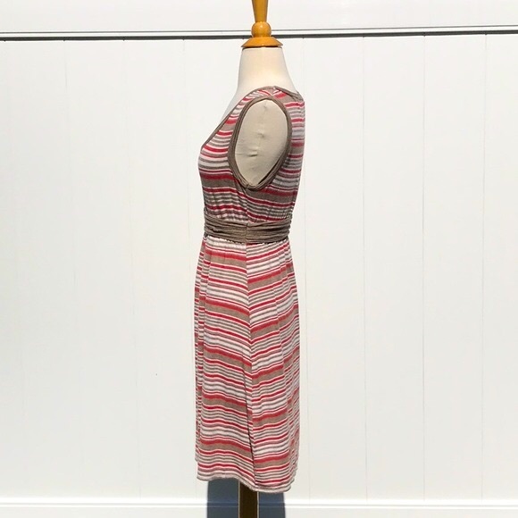 Max Studio Striped Summer Sleeveless Khaki Tan Cream and Coral Dress Size Medium - Picture 5 of 13